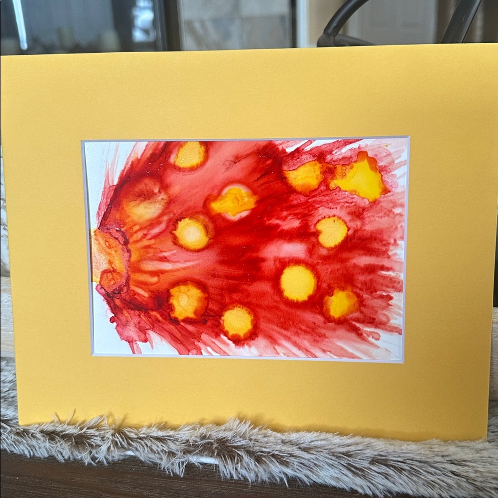 Hand made original abstract yellow red alcohol ink wall decor painting